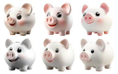 Cute piggy banks in different expressions isolated on transparent background