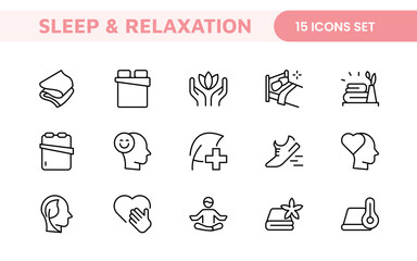 Sleep and Relaxation Icon Collection: Perfect for Wellness Apps, Meditation Tools, Sleep Aids, Stress Relief Techniques, and Calm Living Spaces.