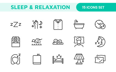 Sleep and Relaxation Icon Collection: Perfect for Wellness Apps, Meditation Tools, Sleep Aids, Stress Relief Techniques, and Calm Living Spaces.