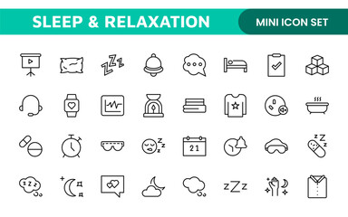Sleep and Relaxation Icon Collection: Perfect for Wellness Apps, Meditation Tools, Sleep Aids, Stress Relief Techniques, and Calm Living Spaces.