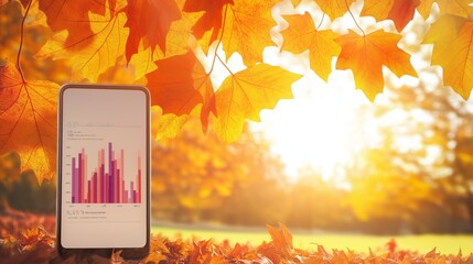 A smartphone displaying a budgeting app surrounded by vibrant fall leaves in a sunny autumn setting