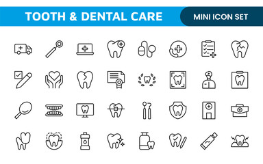 Complete Tooth and Dental Care Icon Collection: Perfect for Oral Hygiene, Dentist Tools, Preventive Measures, Whitening Solutions, and Comprehensive Dental Care