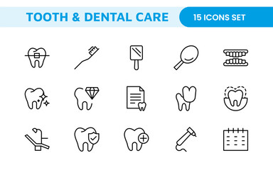 Complete Tooth and Dental Care Icon Collection: Perfect for Oral Hygiene, Dentist Tools, Preventive Measures, Whitening Solutions, and Comprehensive Dental Care