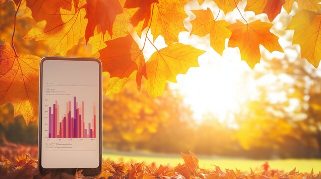 A smartphone displaying a budgeting app surrounded by vibrant fall leaves in a sunny autumn setting - Powered by Adobe