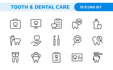 Complete Tooth and Dental Care Icon Collection: Perfect for Oral Hygiene, Dentist Tools, Preventive Measures, Whitening Solutions, and Comprehensive Dental Care