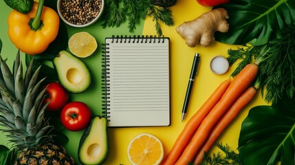 A blank notebook surrounded by fresh fruits and vegetables on a vibrant yellow-green table