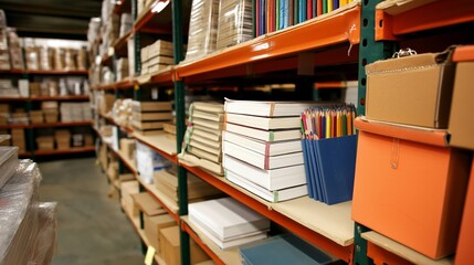 Warehouse stocked with bulk school supplies including notebooks and pencils for cost-effective back-to-school shopping