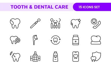 Complete Tooth and Dental Care Icon Collection: Perfect for Oral Hygiene, Dentist Tools, Preventive Measures, Whitening Solutions, and Comprehensive Dental Care
