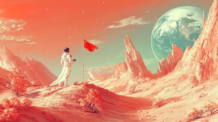 Naklejka premium Cosmic Adventure: Astronaut on Red Planet Mars