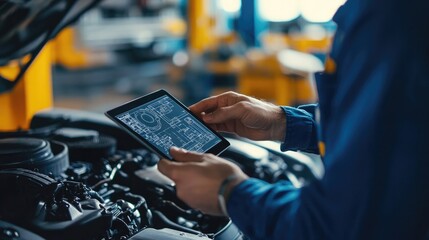 A technician reviewing OEM schematics on a tablet while standing next to a newly assembled vehicle engine.