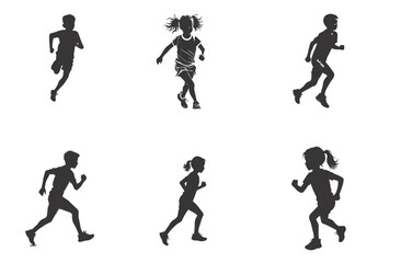 Running boys and girls, vector set of isolated silhouettes