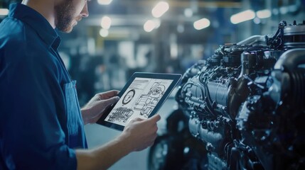 A technician reviewing OEM schematics on a tablet while standing next to a newly assembled vehicle engine.