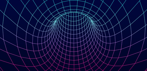 Wireframe abstract tunnel. 3D tunnel grid. Futuristic 3d portal. Network cyber technology. Vector illustration.	
