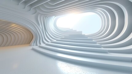Naklejka premium Abstract White Wave Architecture with Circular Stepped Forms and Oval Skylight, 3D Rendering