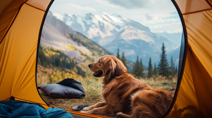 Golden retriever dog lying in a tourist tent with mountains in the background. Summer hiking with a pet.