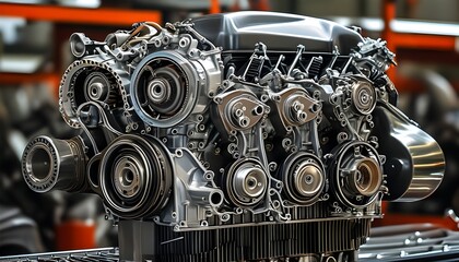 Intricate metal engine showcasing complex components powering automotive performance