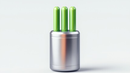 Bright green markers standing upright in a sleek metallic holder on a light background, perfect for office or art use.