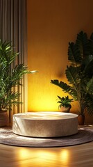 A stylish, minimalistic podium is surrounded by lush tropical leaves, illuminated by a warm dark orange backdrop, ideal for product presentation and mockup purposes