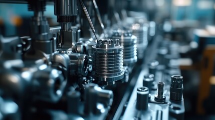 Naklejka premium OEM engine parts being machined with precision in a high-tech manufacturing facility.