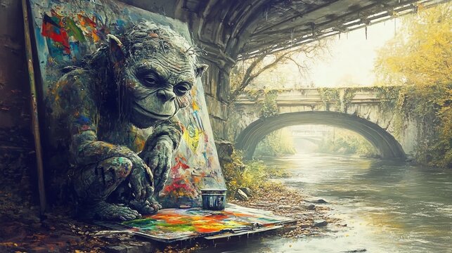 Troll's Canvas: Goblin Troll Painting Under Bridge in Mysterious Artistry