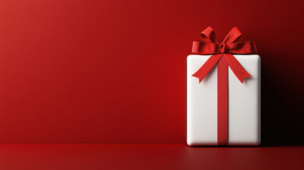White gift box with a red ribbon and bow against a solid red background, positioned to the right side with minimalist design, creating a striking visual impact.