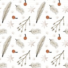 holiday seamless pattern with fir branches, twig, decor elements. Colorful illustration, flat style. hand drawing. design for fabric, print, wrapper	
