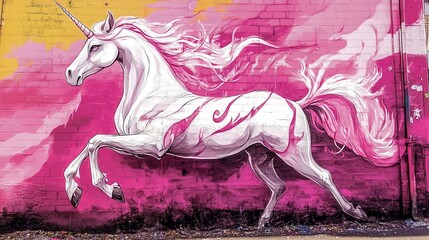 Naklejka premium Whimsical Mural: Unicorn Wall Painting Adds Enchantment to Room