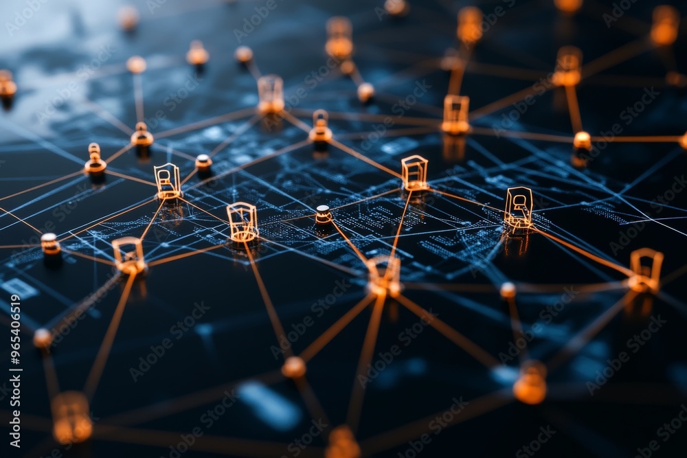 Poster an abstract representation of a digital network showing interconnected nodes glowing on a map, symbo