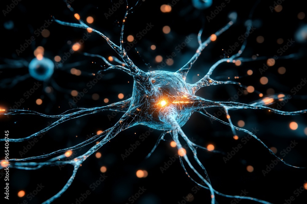 Poster a detailed and close-up view of a neuron, showing glowing neural pathways and connections, symbolizi