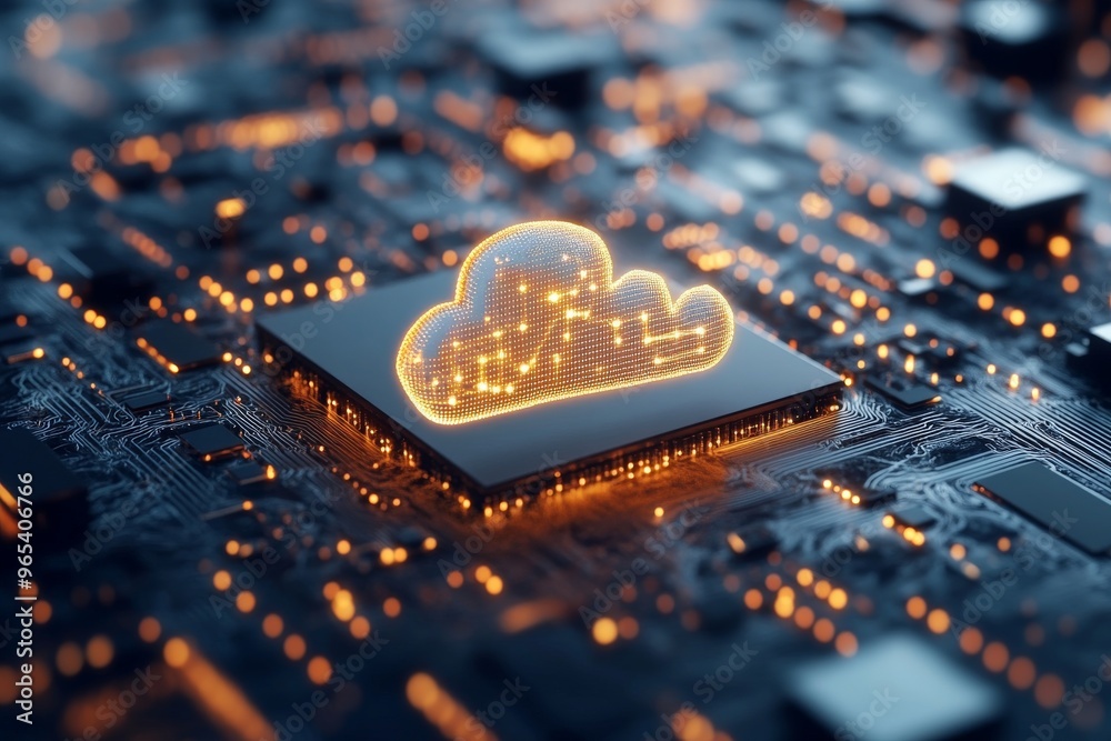 Poster a glowing cloud icon positioned on a microchip, symbolizing cloud computing, data storage, and techn