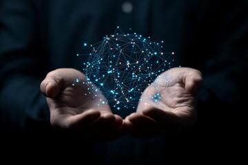 Naklejka premium A pair of hands holding a glowing network sphere, conveying the concept of connectivity and technological advancement in a digital world.