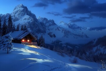 Fototapeta premium Winter Wonderland Cozy wooden house in a snowy mountain valley with a starry night sky.