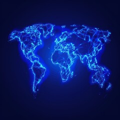 Glowing World Map Digital Network, Global Connections, and Technology Concept on Blue Background