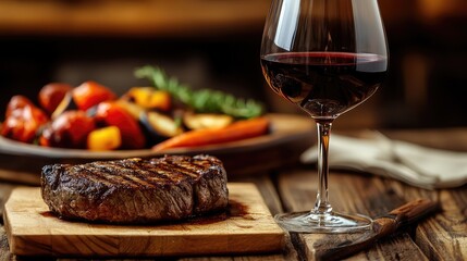 A close-up shot of a glass of red wine next to a perfectly seared steak, with a side of roasted vegetables, all arranged elegantly on a wooden table