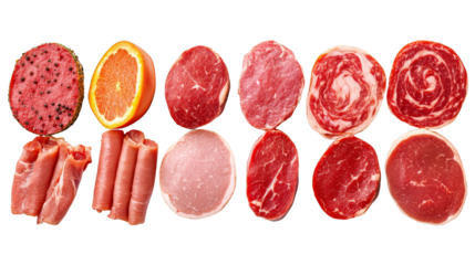 Variety of Fresh Meats and Orange Slice Top View