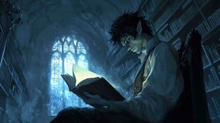Eternal Knowledge: Vampire Engrossed in Book Reading Session