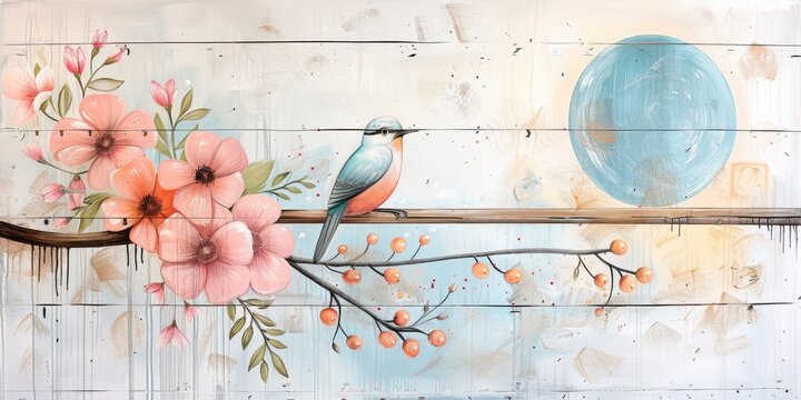 Branch adorned with a bird and blooming flowers, designed for notebooks and planners.