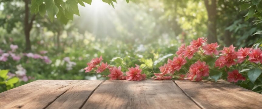Rustic wooden table with tropical plants creating a vibrant, lus