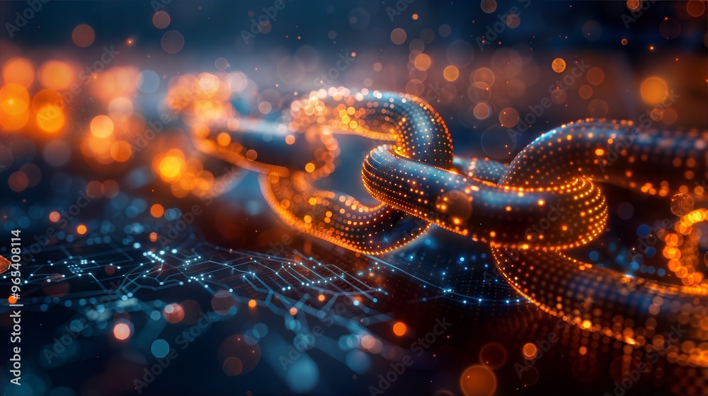 Poster digital blockchain technology concept with glowing chain links and abstract network background