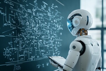 A sophisticated robot stands in front of a massive blackboard filled with complex equations, symbolizing the integration of artificial intelligence and advanced scientific knowledge.