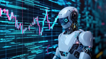 Clean design of a robotic figure analyzing stock charts, geometric lines and minimal colors, finance automation, minimalist design