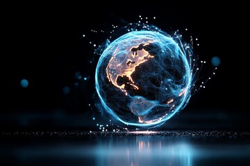 This image presents a futuristic digital globe with glowing lines and connections, representing global communications, technology, and interconnectedness in a vibrant modern digital era.