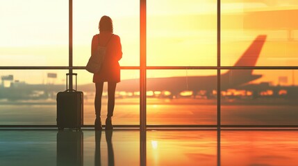 Fototapeta premium Traveler waiting at an airport gate, suitcase standing beside them.