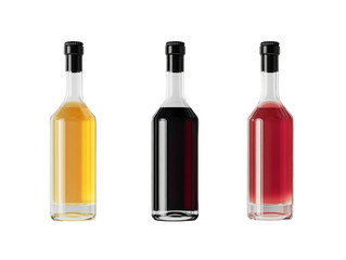 Three Glass Bottles with Colorful Liquids on a Checkerboard Pattern Background