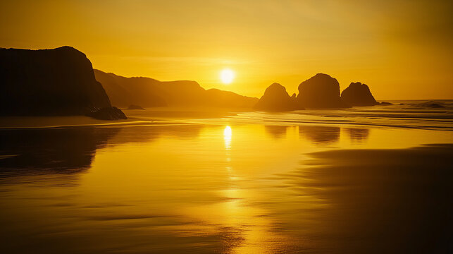 golden sunset reflecting on wet sand