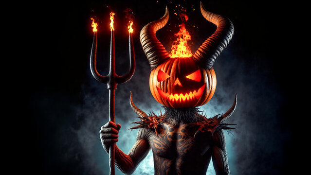 Fiery pumpkin-headed demon. Halloween monster with pitchfork, glowing jack-o'-lantern head and flames. Eerie, atmospheric Halloween illustration.