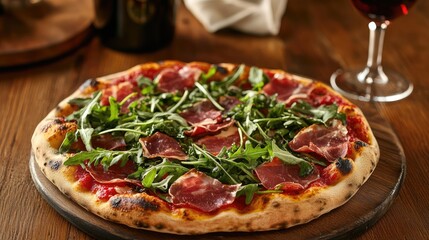 A rustic pizza topped with arugula and prosciutto, paired with a glass of chianti, set on a wooden table with a cozy ambiance