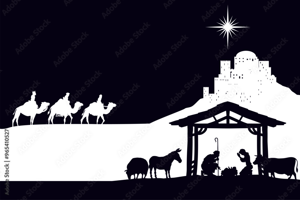 Wall mural a christmas nativity scene with baby jesus in the manger, wise men and city of bethlehem in the back