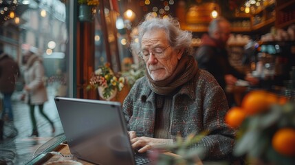 Fototapeta premium An elderly man sits at a café table, focused on his laptop amidst holiday decorations and a bustling street filled with people