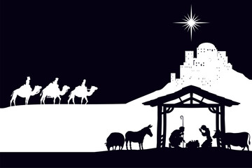 A Christmas nativity scene with baby Jesus in the manger, wise men and city of Bethlehem in the background